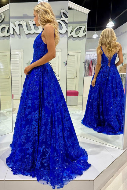 Roycebridal Mikaela | Royal Blue Sequin Lace V-Neck A-Line Long Prom Dress