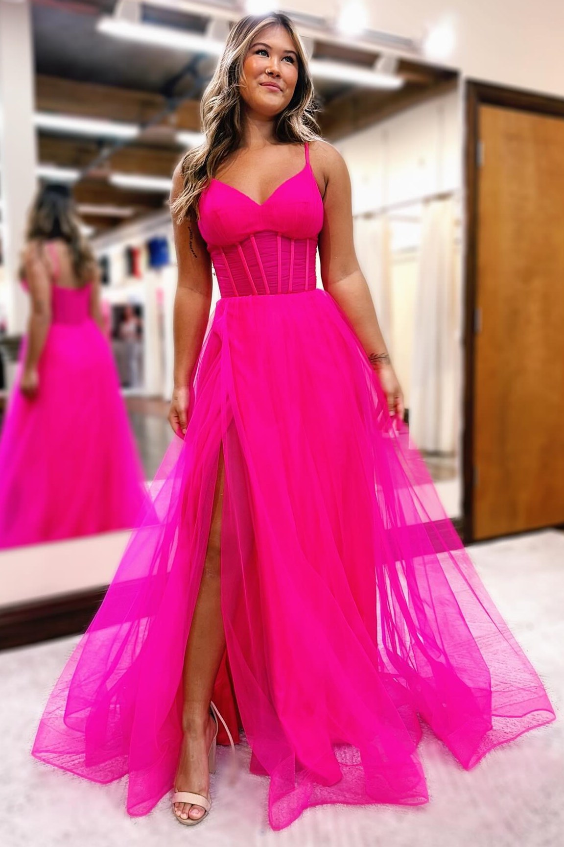 Roycebridal Galilea | Fuchsia V-Neck Sheer Bodice A-Line Long Prom Dress with Slit