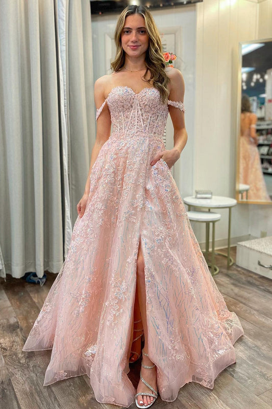 Roycebridal Sally | Pink Appliques Off-the-Shoulder A-Line Long Prom Dress