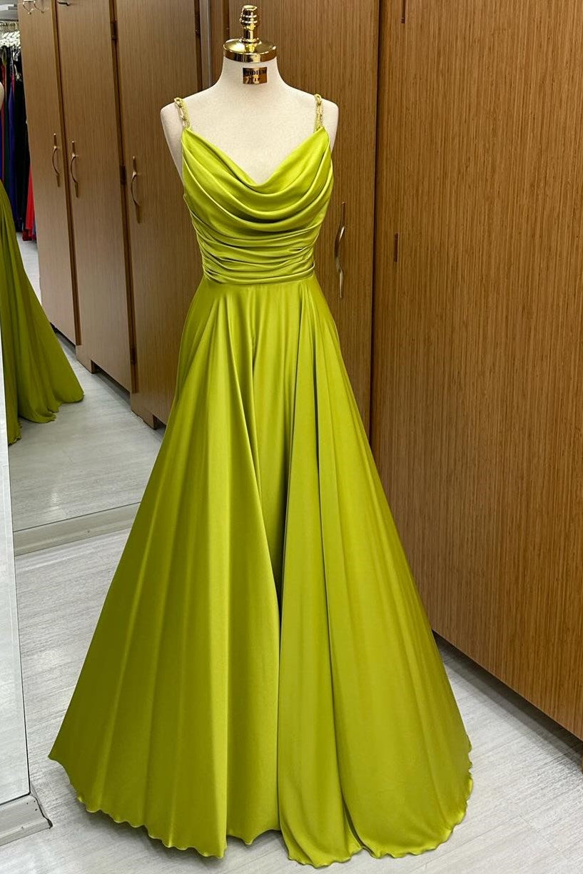 Roycebridal Carter | Olive Green Cowl Neck Chain Strap A-Line Long Prom Dress