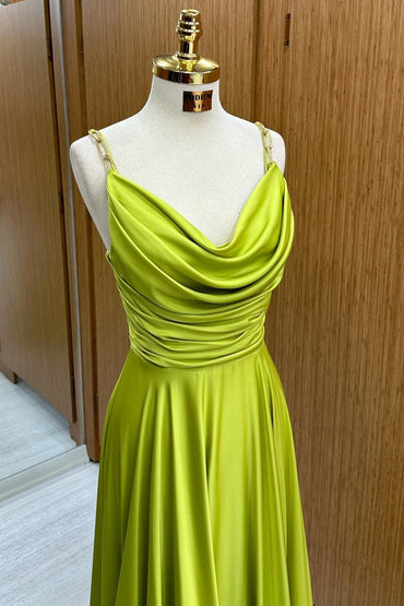 Roycebridal Carter | Olive Green Cowl Neck Chain Strap A-Line Long Prom Dress