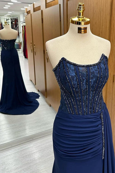 Maliyah | Navy Lace Beaded Strapless Long Formal Dress with Attached Train