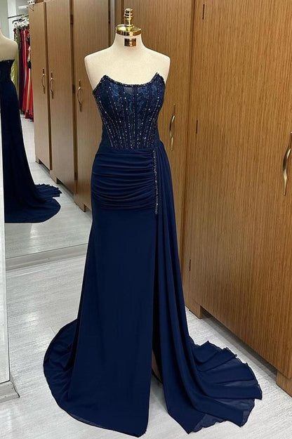 Maliyah | Navy Lace Beaded Strapless Long Formal Dress with Attached Train