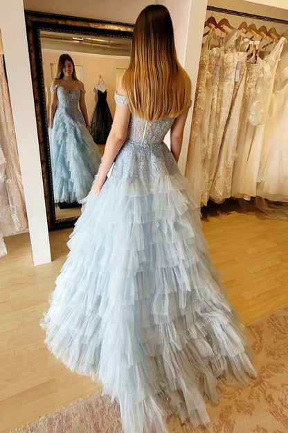 Roycebridal Oaklyn | Light Blue Appliques Off-the-Shoulder Ruffle Tiered Long Prom Dress