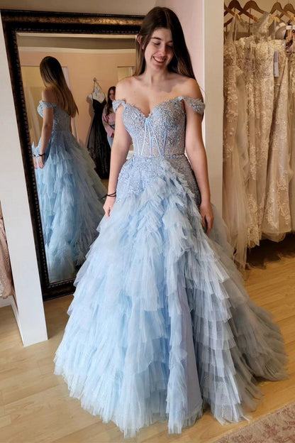 Roycebridal Oaklyn | Light Blue Appliques Off-the-Shoulder Ruffle Tiered Long Prom Dress