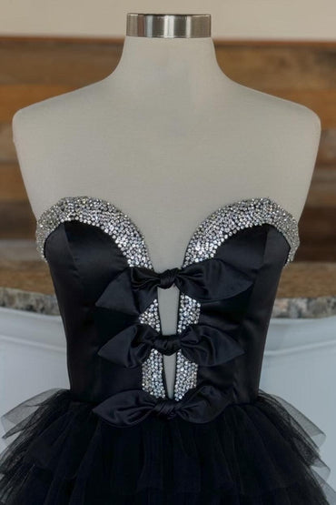 Roycebridal Peggy | Black Strapless Bow Ruffle Long Prom Dress with Slit