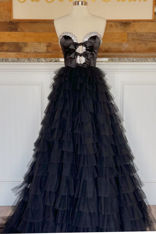 Roycebridal Peggy | Black Strapless Bow Ruffle Long Prom Dress with Slit