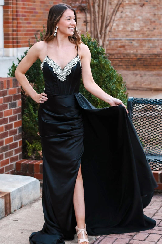 Polly | Black Rhinestone V-Neck Long Formal Dress with Attached Train