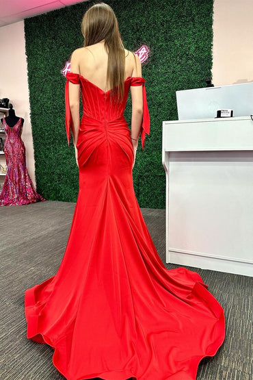 Roycebridal Pamela | Red Off-the-Shoulder Bow Sleeve Mermaid Long Prom Dress with Slit