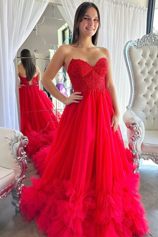 Roycebridal Romy | Red Tulle Appliques Sweetheart Ruffle Long Prom Dress