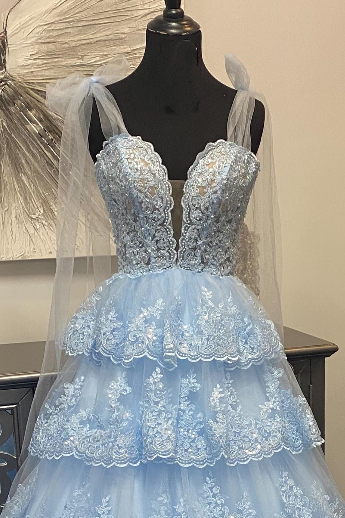 Roycebridal Thelma | Light Blue Tulle Appliques Tying Strap Ruffle Tiered Long Prom Dress