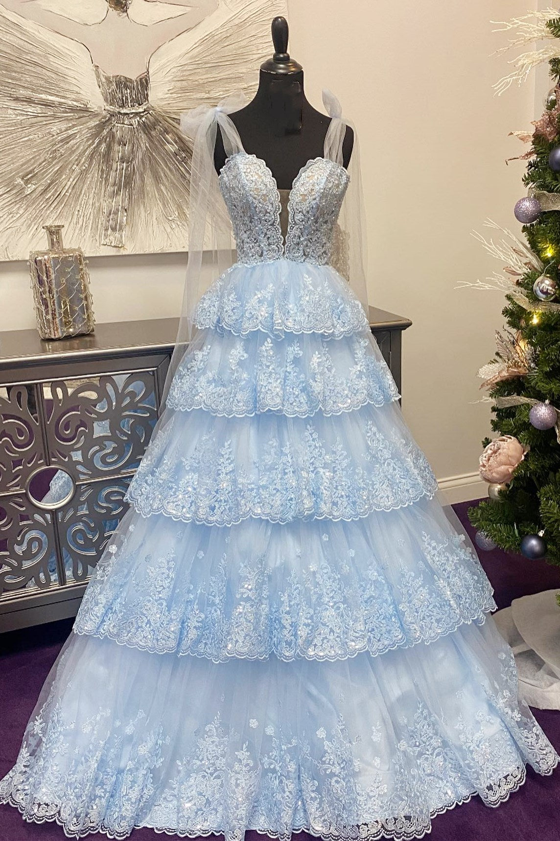 Roycebridal Thelma | Light Blue Tulle Appliques Tying Strap Ruffle Tiered Long Prom Dress