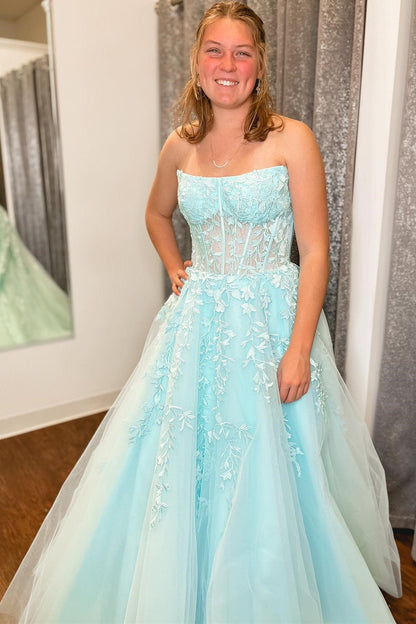 Roycebridal Nell | Aqua Blue Appliques Strapless A-Line Long Prom Dress