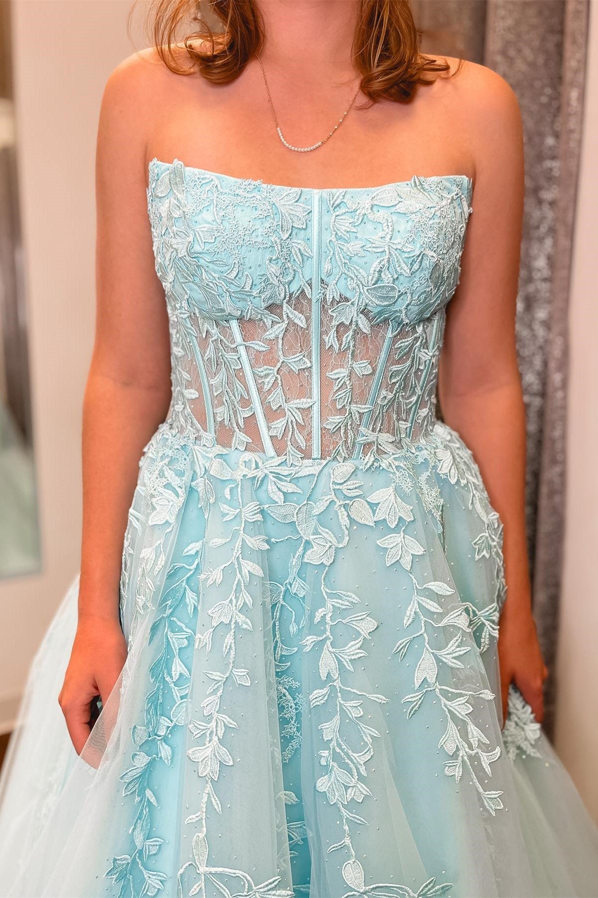 Roycebridal Nell | Aqua Blue Appliques Strapless A-Line Long Prom Dress