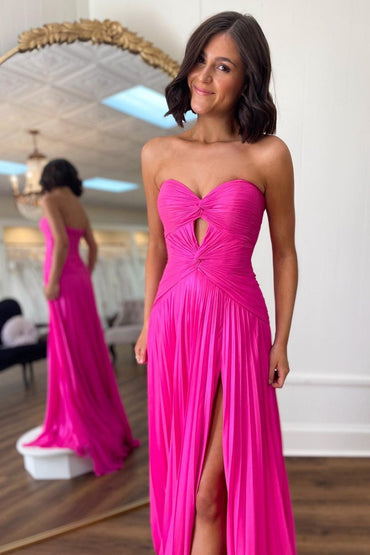 Roycebridal Hot Pink Strapless Keyhole Pleated A-Line Prom Dress