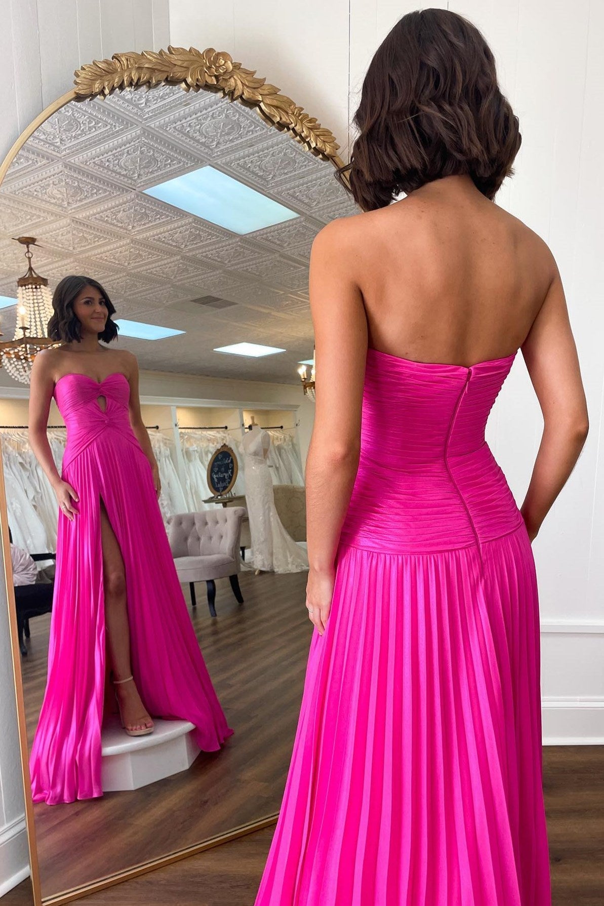 Roycebridal Hot Pink Strapless Keyhole Pleated A-Line Prom Dress