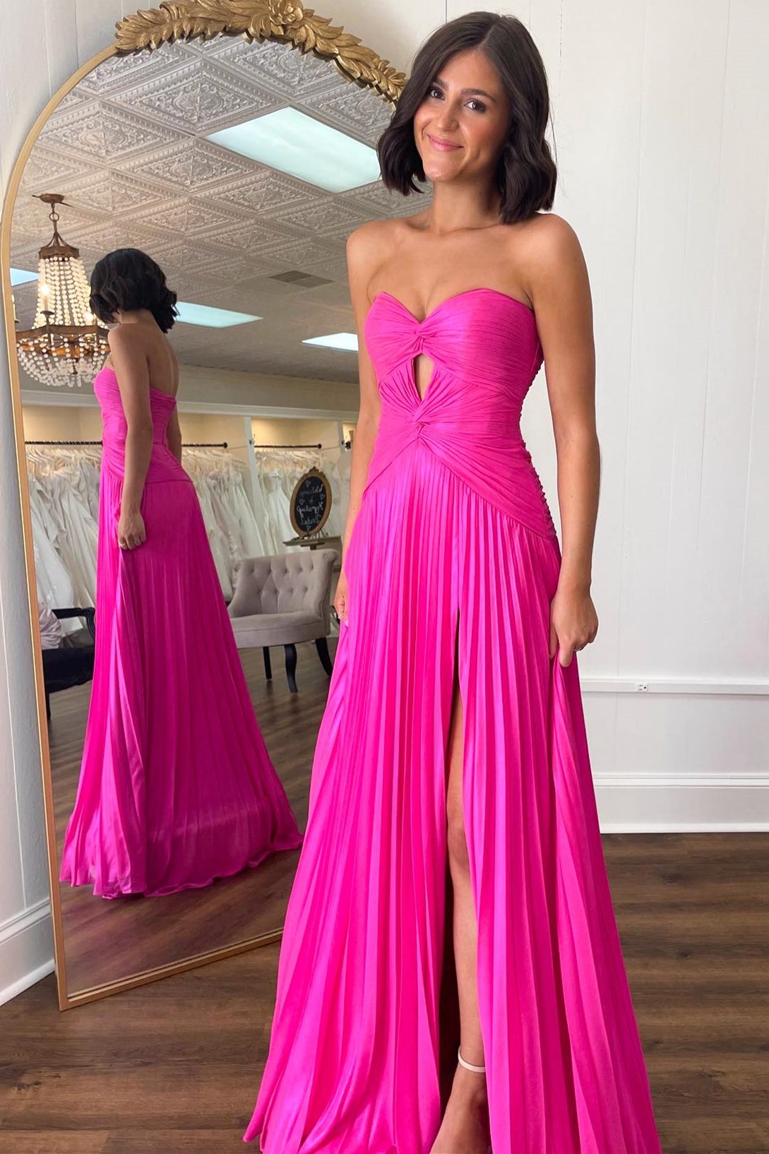 Roycebridal Hot Pink Strapless Keyhole Pleated A-Line Prom Dress