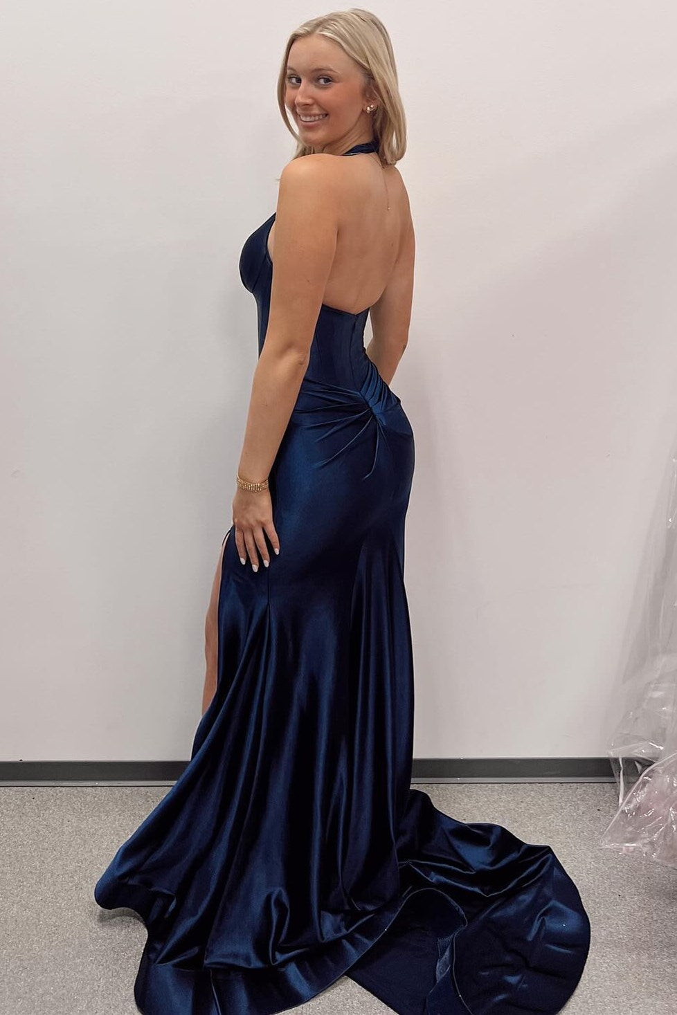 Josie | Navy Halter Mermaid Long Formal Dress with Slit