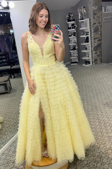 Roycebridal Yellow Plunge V Ruffle Tiered Long Prom Dress with Slit