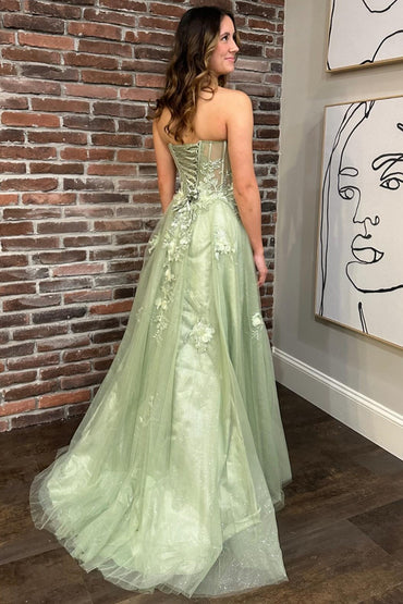 Roycebridal Sage Green Sweetheart Lace-Up Long Prom Dress with 3D Floral Lace