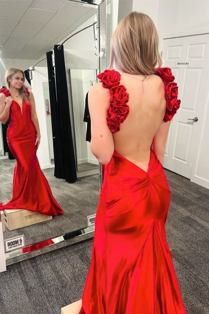 Rosette Plunge V Backless Mermaid Long Gown