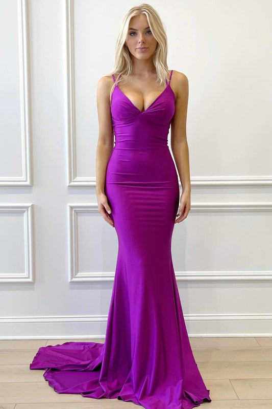 Purple V-Neck Lace-Up Mermaid Long Formal Dress