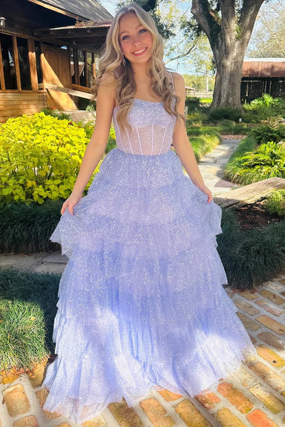 Roycebridal Lavender Tulle Sequin Ruffle Tiered Long Prom Dress