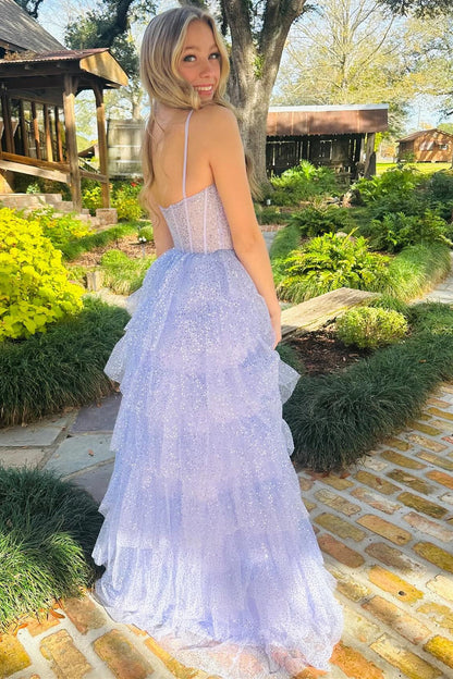 Roycebridal Lavender Tulle Sequin Ruffle Tiered Long Prom Dress