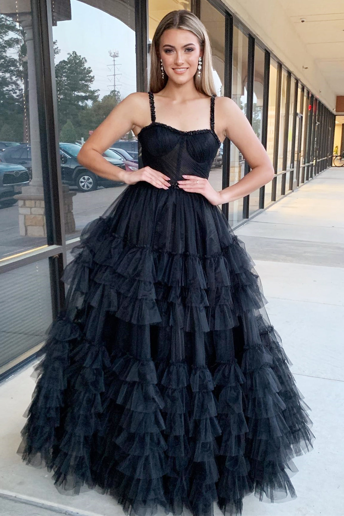 Roycebridal Tiered Ruffle Sweetheart Beaded Long Prom Dress