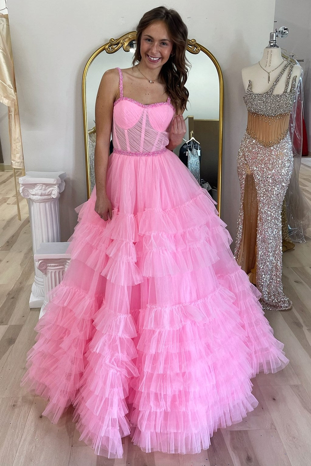 Roycebridal Tiered Ruffle Sweetheart Beaded Long Prom Dress