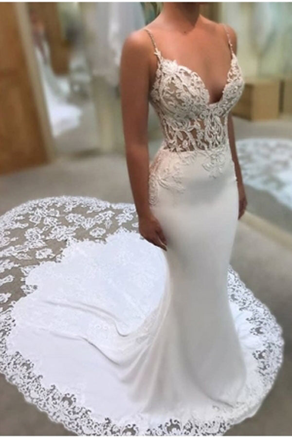 Glamorous Spaghetti-Straps Lace Wedding Dress Mermaid Bridal Gowns,MW290|musebridals.com