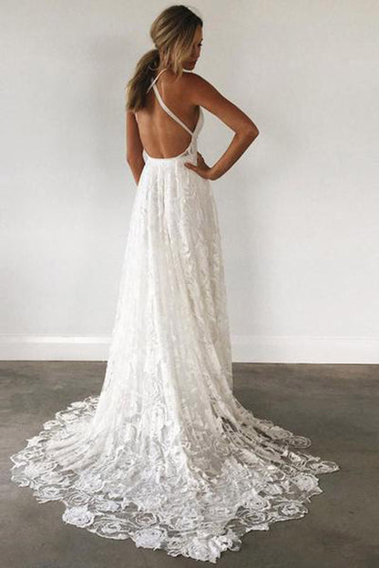 White Lace Floor Length V Neck Long Wedding Dresses on Line, MW237 | lace wedding dresses | white wedding dresses | bridal gowns | buy wedding dresses online | wedding store near me | Musebridals