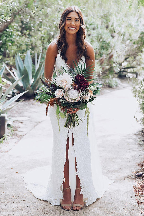 Gorgeous White Deep V-Neck Lace Mermaid Wedding Dress with Split, MW240 | wedding dresses online | bridal gowns | wedding dresses | wedding dresses mermaid | bridals | white wedding dresses | vintage wedding dresses | boho wedding dresses | beach wedding dresses | wedding dresses near me | wedding dresses cheap | wedding dresses lace | Musebridals