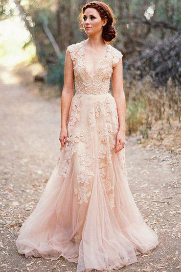 Gorgeous Tulle V-neck Sleeveless Floor-Length Lace Wedding Dresss with Appliques, MW246 | wedding dresses | bridal dresses | bridal gowns | Musebridals.com