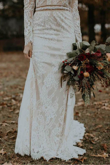 Elegant Vintage Ivory Backless Long Sleeve Rustic Lace Wedding Dresses, MW264 at musebridals.com