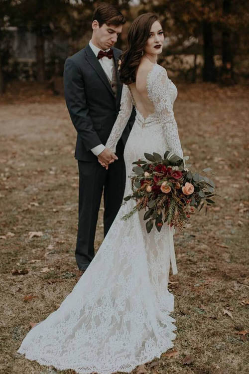 musebridals.com offer Elegant Vintage Ivory Backless Long Sleeve Rustic Lace Wedding Dresses, MW264