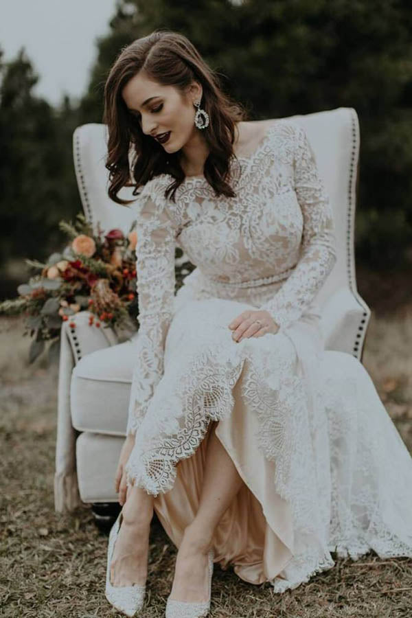 Elegant Vintage Ivory Backless Long Sleeve Rustic Lace Wedding Dresses, MW264