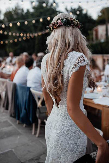 Lace Boho Mermaid Backless Cap Sleeve Bohemian Wedding Dresses ,MW265 at musebridal.com