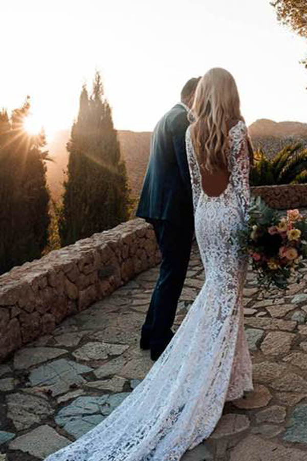 Charming Long Sleeve See Through Lace Rustic Mermaid Wedding Dress,MW266 at musebridal.com