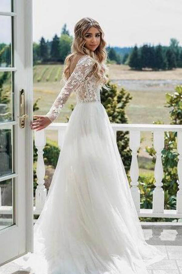 See Through Beaded Floral Lace Long Sleeve Boho Wedding Dresses,MW269