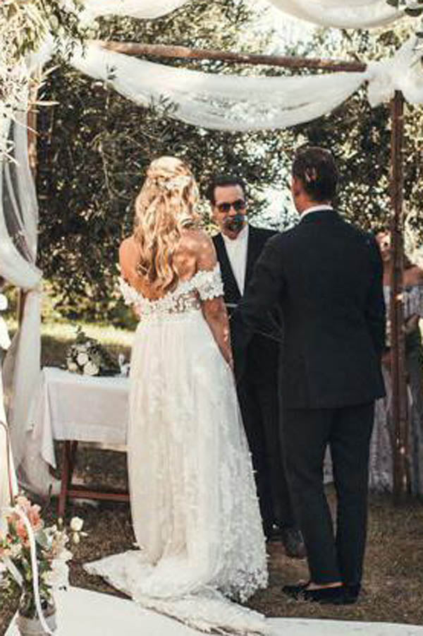 Rustic Lace Off the Shoulder Ivory Beach Wedding Dresses,MW271 at musebridals.com