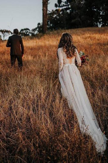  Lace Polka Dot Boho with Sleeves Bohemian Wedding Dress,MW274 at musebridals.com