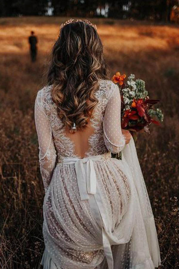  Lace Polka Dot Boho with Sleeves Bohemian Wedding Dress,MW274