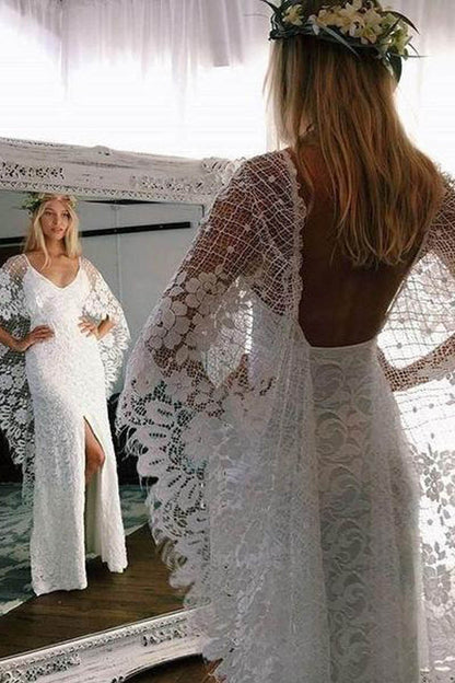 Musebridals.com offer Sheath Boho Batwing Sleeve Lace Rustic Ivory Wedding Dresses ,MW276