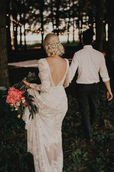 Sheath Backless Lace Long Sleeve Ivory Applique Country Wedding Dress,MW280 at musebridals.com