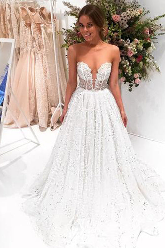 Chic Sparkly Bateau A-line Sexy Long Lace Wedding Dress Sweep Train, MW285