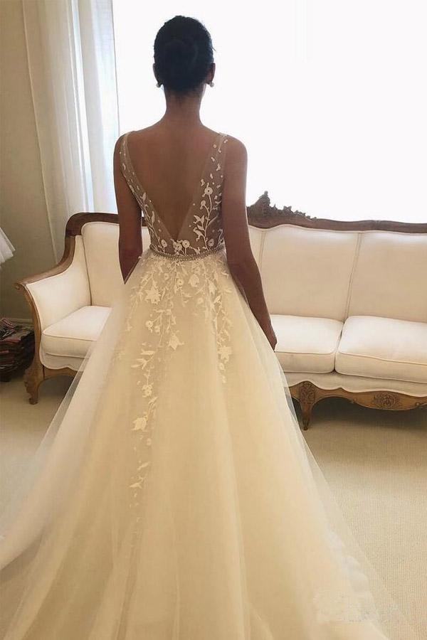 Musebridals.com offer Backless Rustic V-Neck Lace Wedding Dresses Wedding Dress, MW287