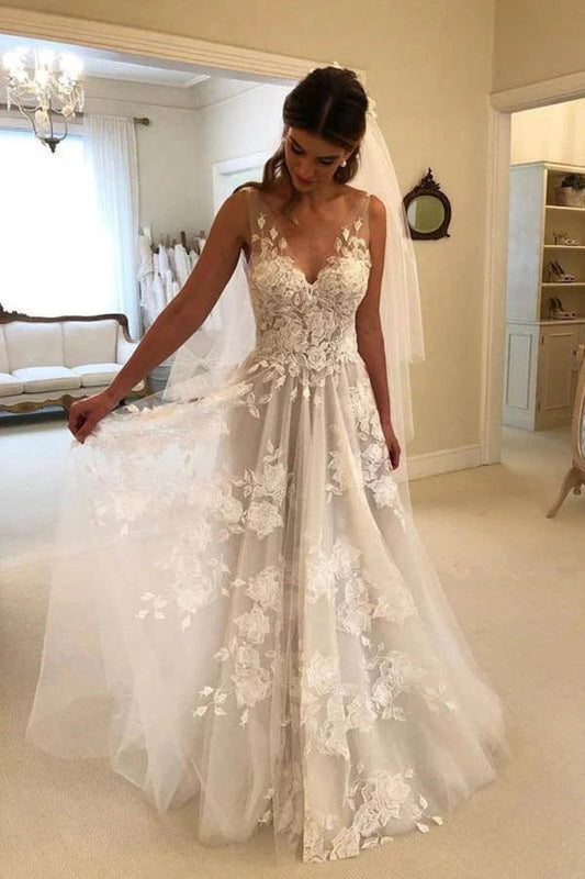 Gorgeous A-line Lace V-neck Tulle Long Wedding Dress with Appliques,MW289 | wedding dresses | bridals | bridal gowns | wedding gowns | lace wedding dresses | Musebridals