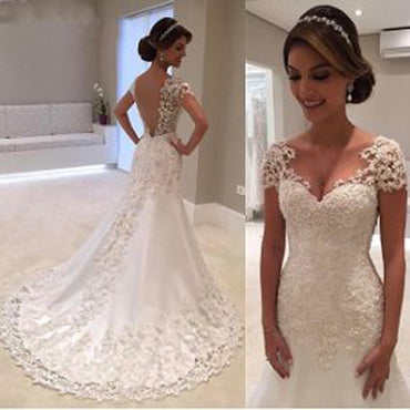 Musebridals.com offer Gorgeous Long Mermaid Lace Cap-Sleeve 2019 Wedding Dress,MW292