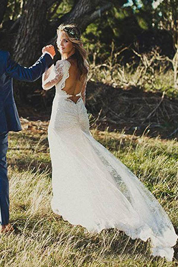 Find Long Sleeve Lace V-Neck Ivory Vintage Beach Wedding Dresses,MW299 at musebridals.com